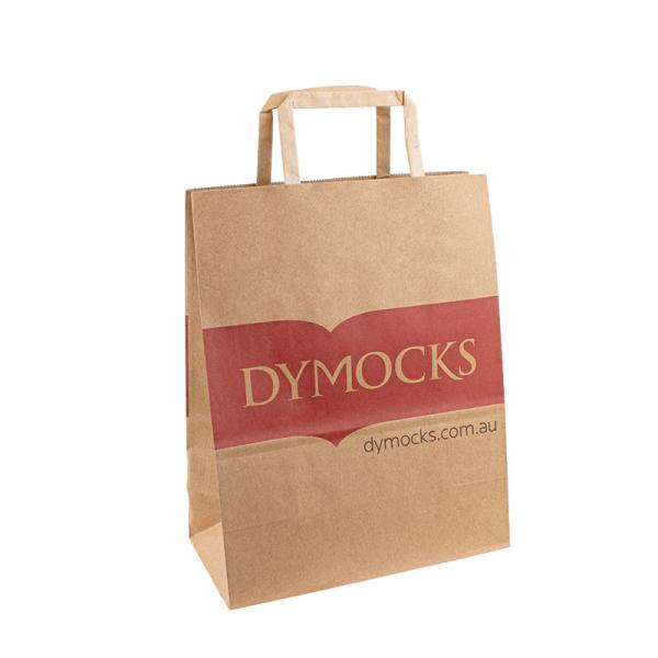 OEM Printed Flat Handle Brown Kraft Paper Carrier Bag Grocery Food Takeaway