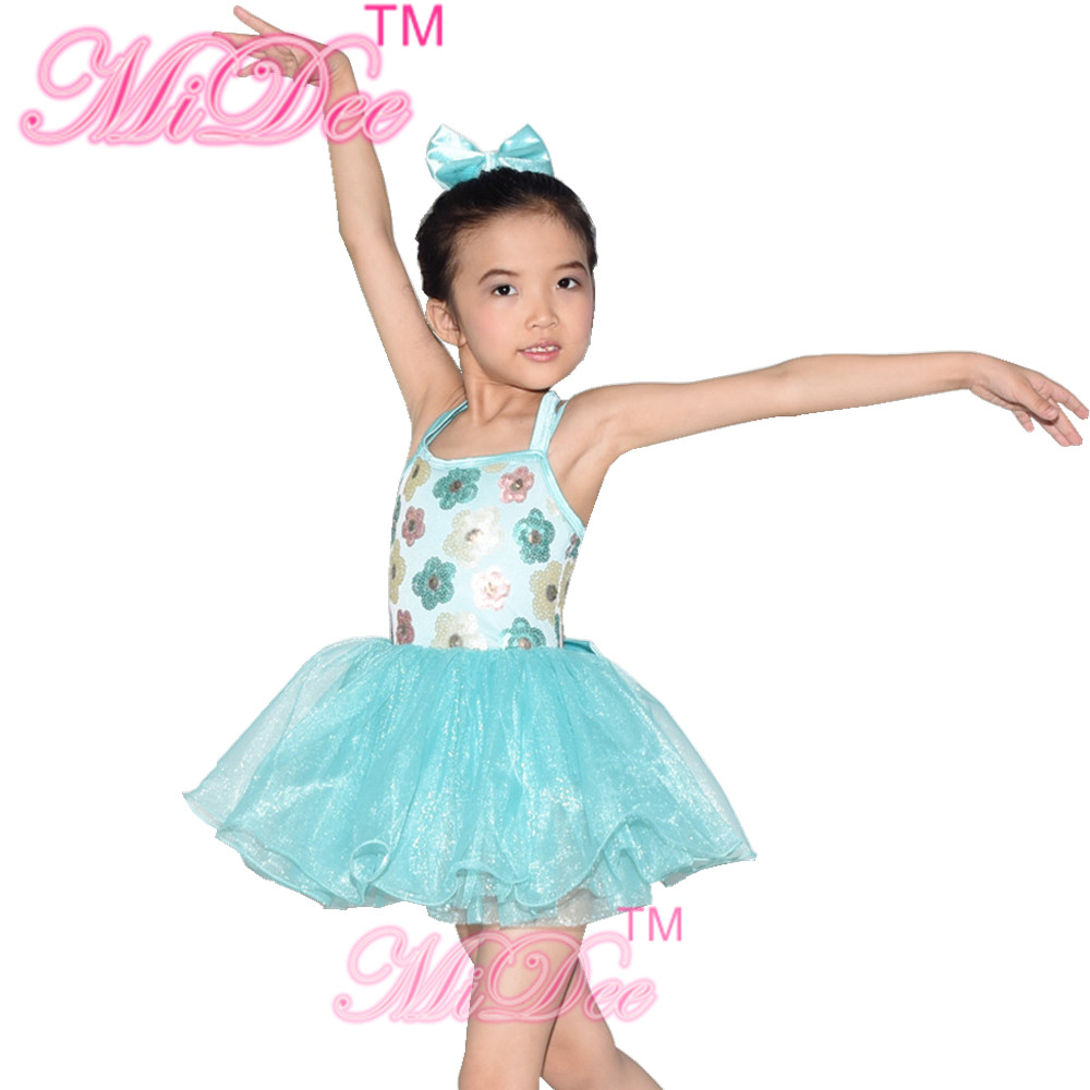 Floral Kids Dance Clothes Halter Neck Sequin Dress Tulle Tutu Skirt Attached