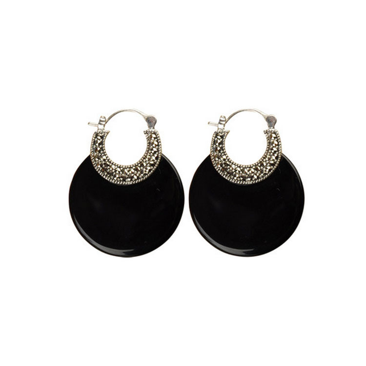 Sterling Silver Black Agate Hoop Earrings(XH021046W )