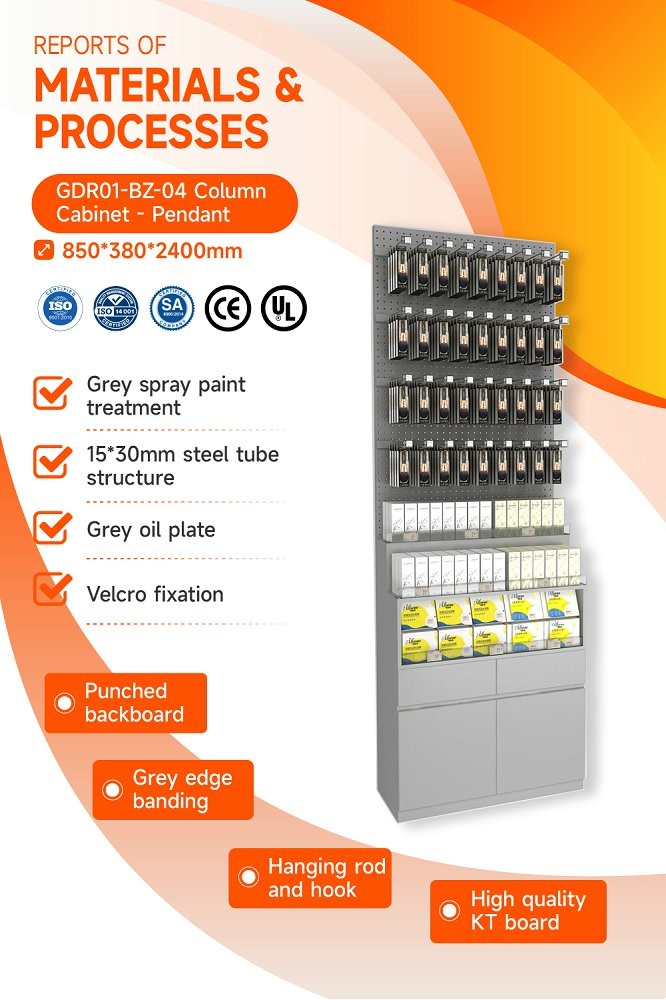 GDR01-BZ-04 Retail Display Column with Grey Melamine and 40 Adjustable Hooks for Cosmetics Retail