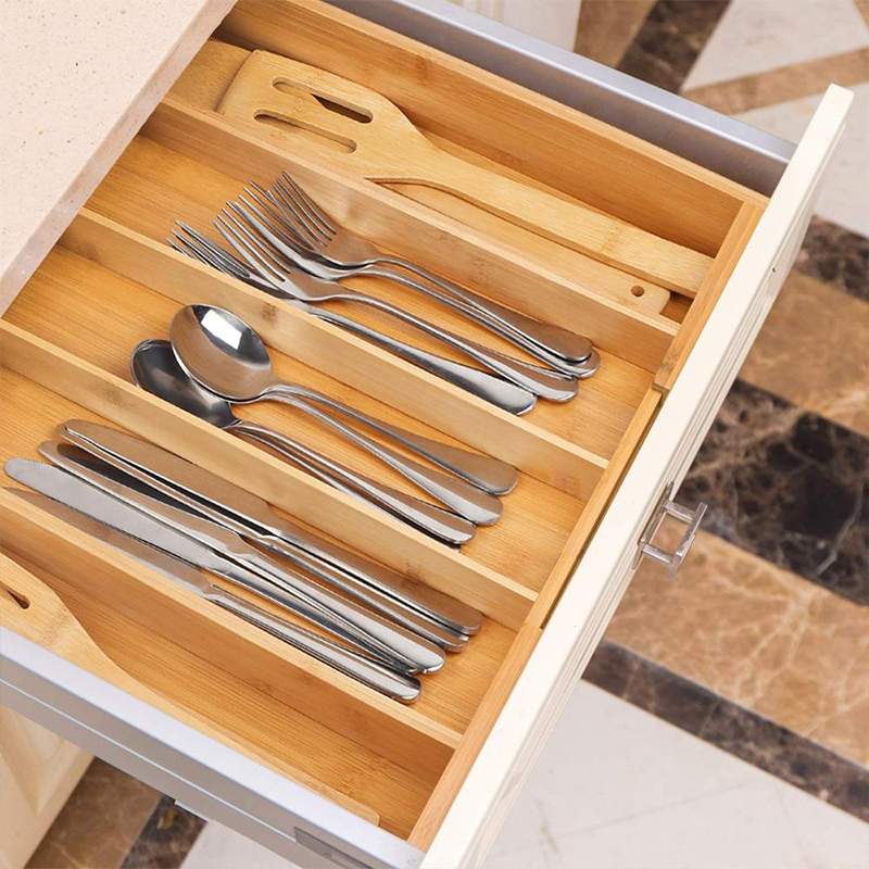 Adjustable Bamboo Drawer Dividers Organizer for Silverware Rectangle Wood Cutlery Tray