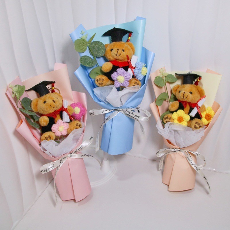 PhD Bear Bouquet - Graduation Plush Doll Flowers for Couples & Students, Creative Cartoon Knitted Gift