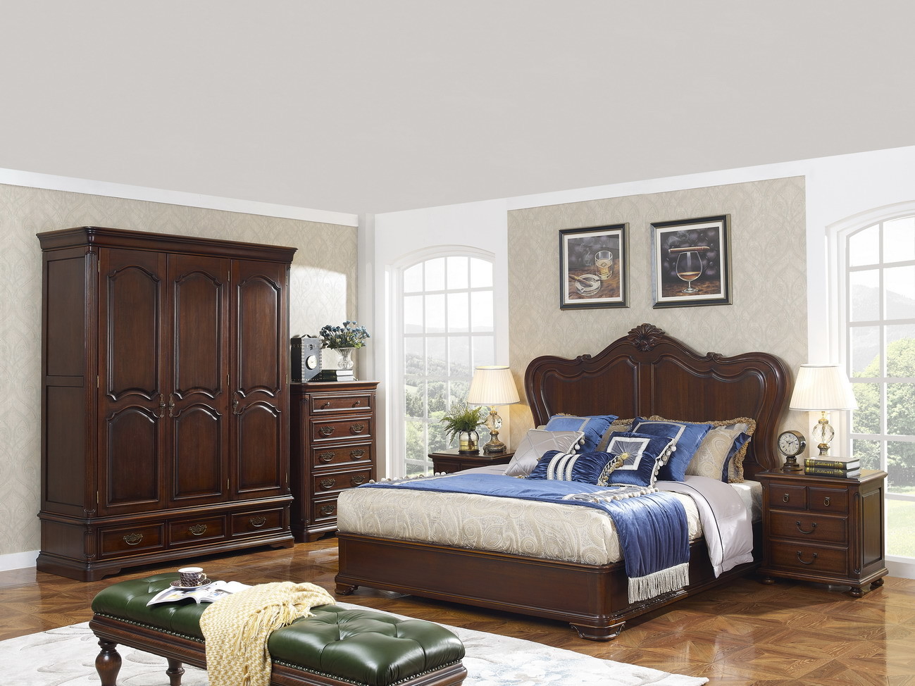 American Antique Living leisure room furniture sets Wooden TV wall unit set by Floor stand and Tall display cabinet