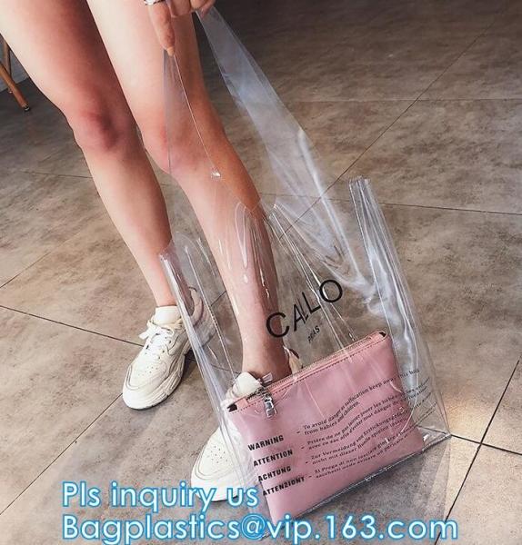 Buy cheap Zipper Clear Stadium PVC Shopping Tote Bag With Side Pocket, promotional shiny vinyl pvc shopping tote bag, 600D PVC Pol from wholesalers
