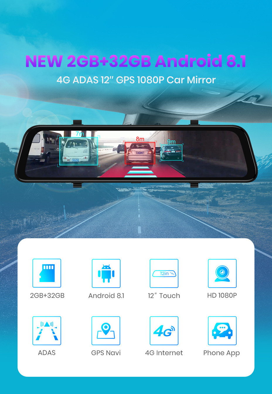 4G ADAS Wireless Dual Dash Cam With Wifi Android 8.1 Rear View DVR
