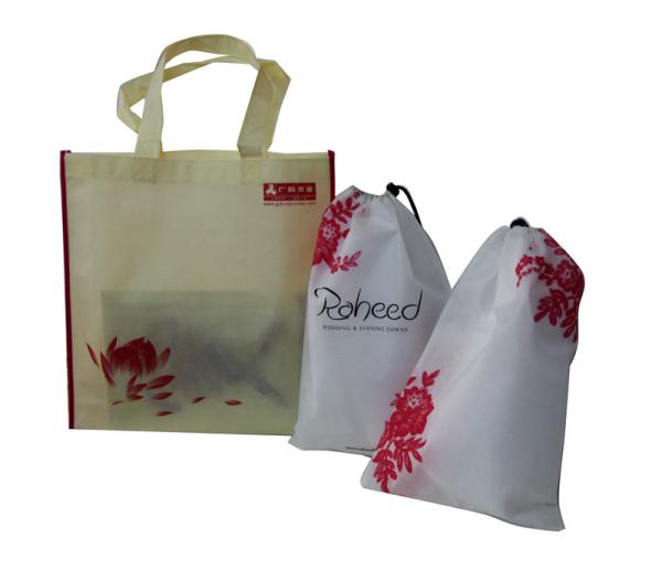 Buy cheap Non Woven Fabric Reusable Carrier Bags Drawstring Shoe Lotus Flower Logo 30gsm from wholesalers