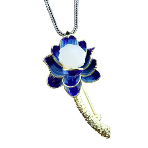 18K Gold Plated 925 Silver Enamel Lotus Flower Jade Pendant Necklace Brooch For