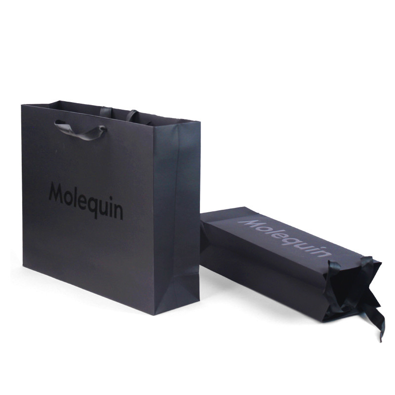 Custom Black Paper Shopping Bags With Ribbon Handles Stylish Product Packaging Box Design