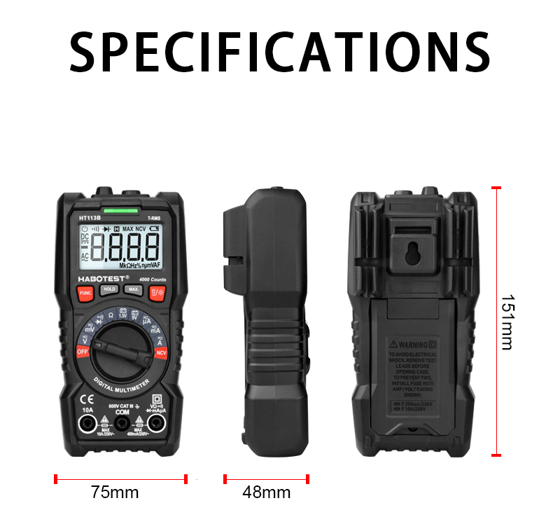 4000 Counts 10A 40M Ohms True RMS Auto Multimeter Tester