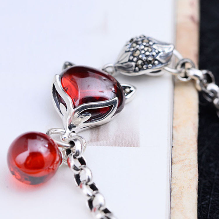 925 Sterling Silver Synthetic Garnet Fox Charm Link Bracelets(B20180411084)