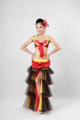 Buy cheap Ruffles Belly Dancing Outfits 3 Tones 4 Tiered Pleated Tulle Side Slit Maxi Skirt from wholesalers
