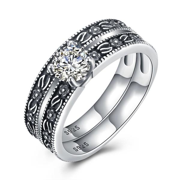 Buy cheap High Quality Classic 925 Sterling Silver Diamond Studded Cluster Engagement Wedding Rings Set from wholesalers