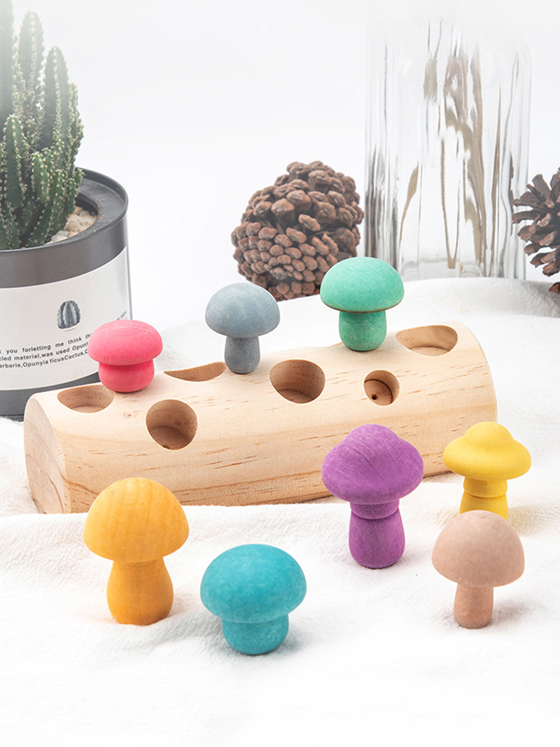 Kids Wooden Mushroom Picking Toys Rainbow Blocks DIY 3D