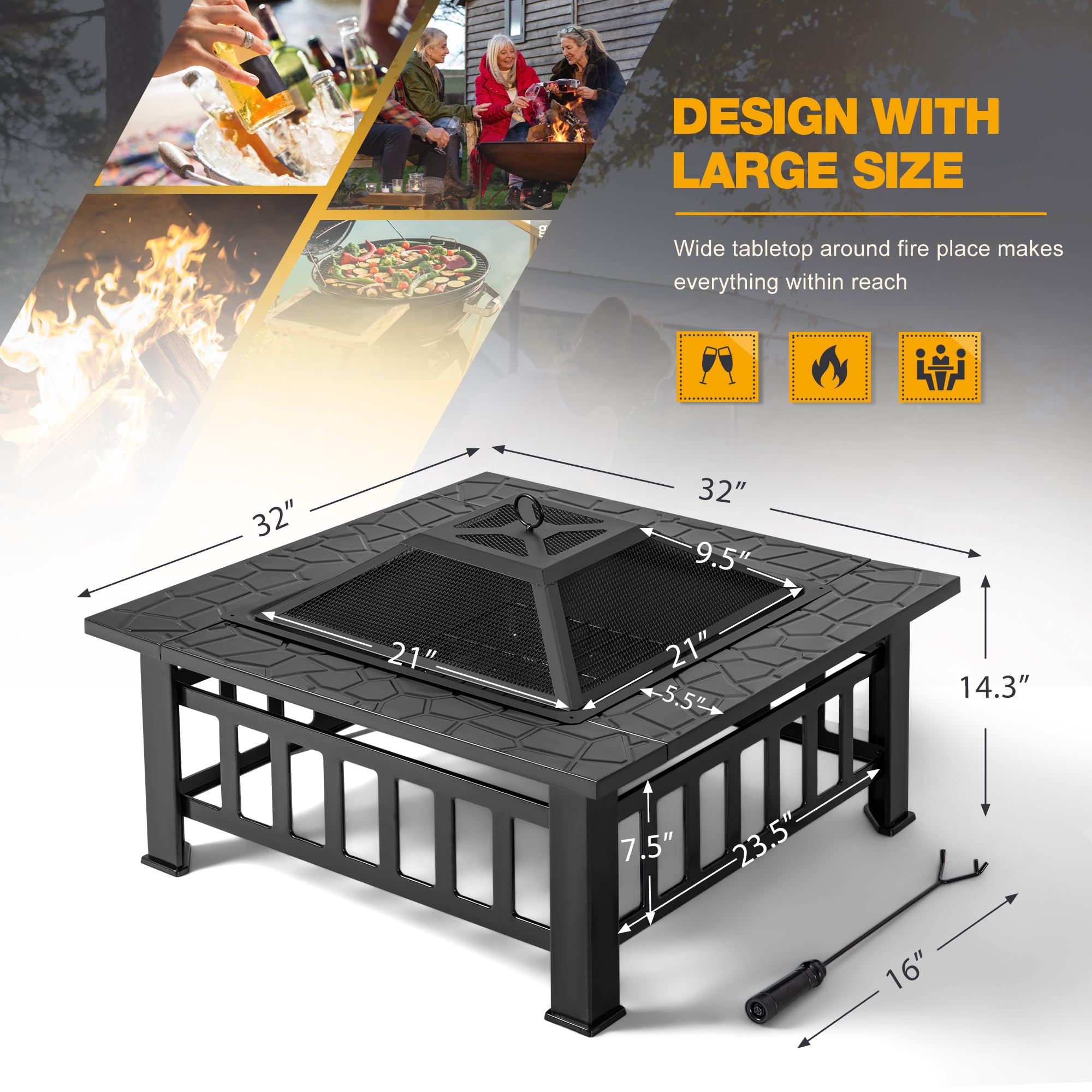 30 Pounds Metal Square Fire Pit Table 32 Inch Wood Burning BBQ Grill for Camping Garden