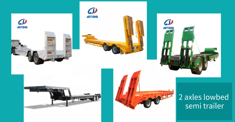 60T Max Payload Steel 2 Axles Lowboy Flatbed Semi Trailer for Long Distance Transport