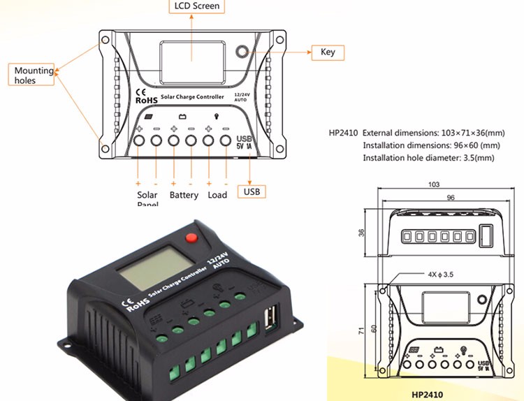 OEM Srne Pwm Solar Regulator 12V 24v 20a Solar Controller With USB Port