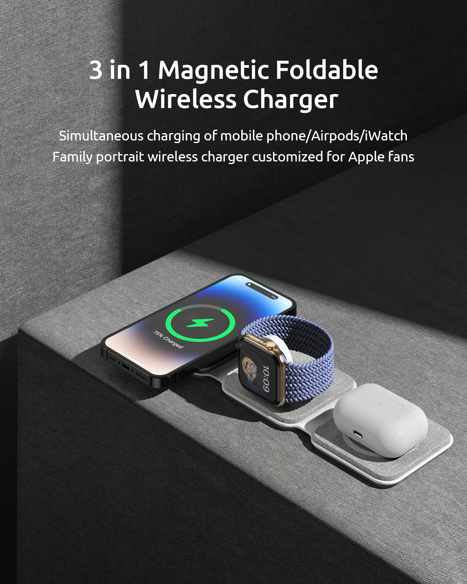 Customized Fabric Magnetic Wireless Charger 3 in 1 15W Folding