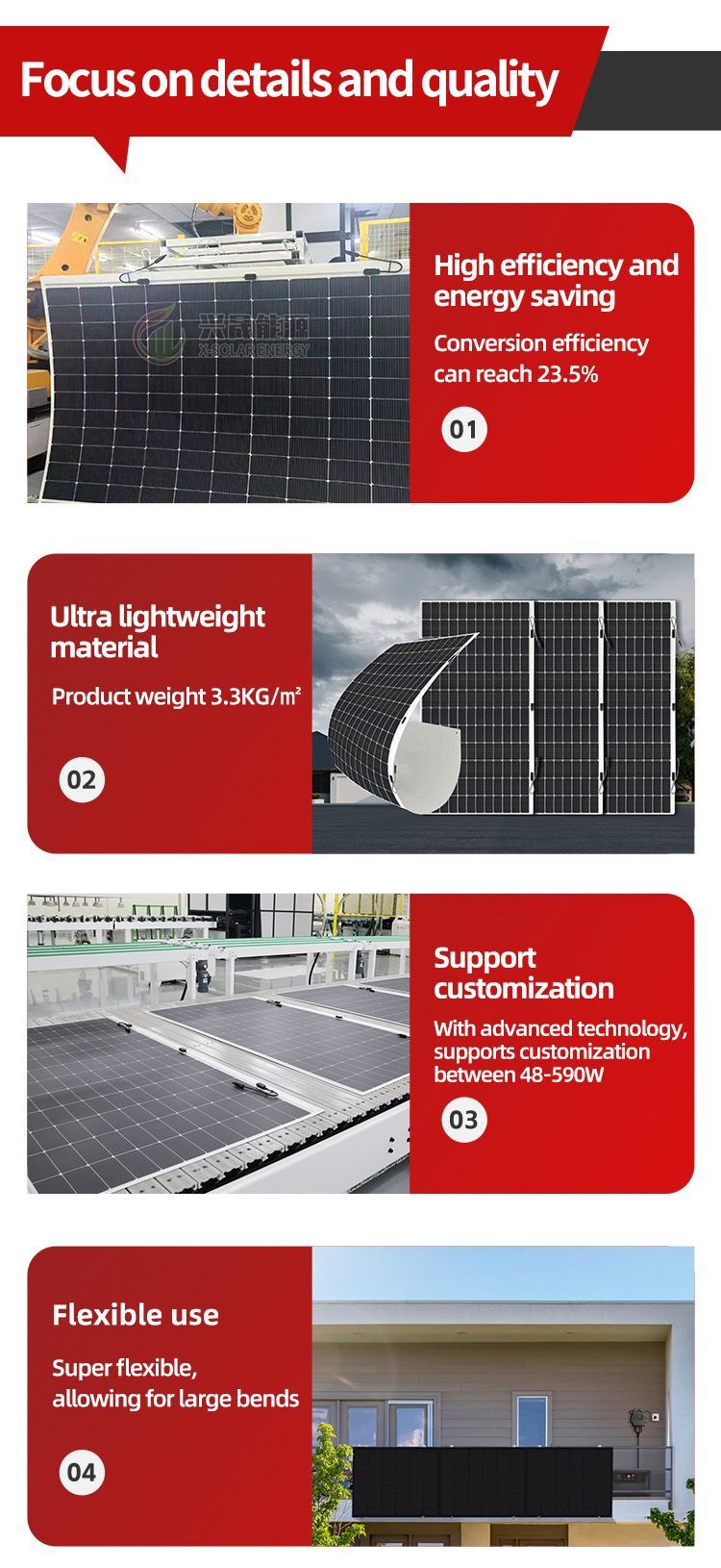 Factory Direct Price Flexible Solar Panel PV Module 580W Flexible Panels for Solar System