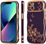 iPhone 13 girl phone case, curly wave frame, luxury plated butterfly pattern,