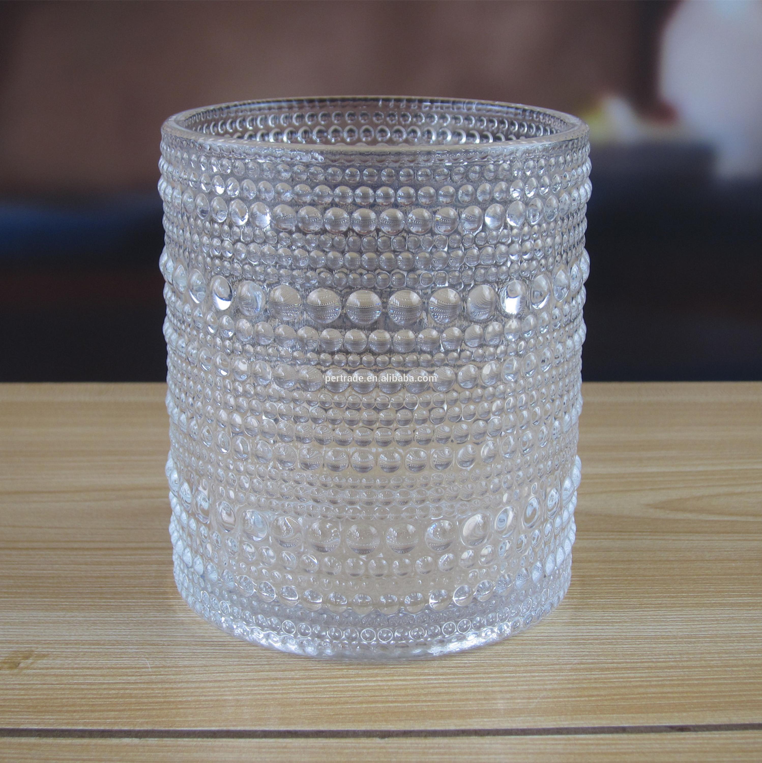 Customized Embossed Beads Strings Glass Votive Candle Holders , Glass Cylinder Candle Holders