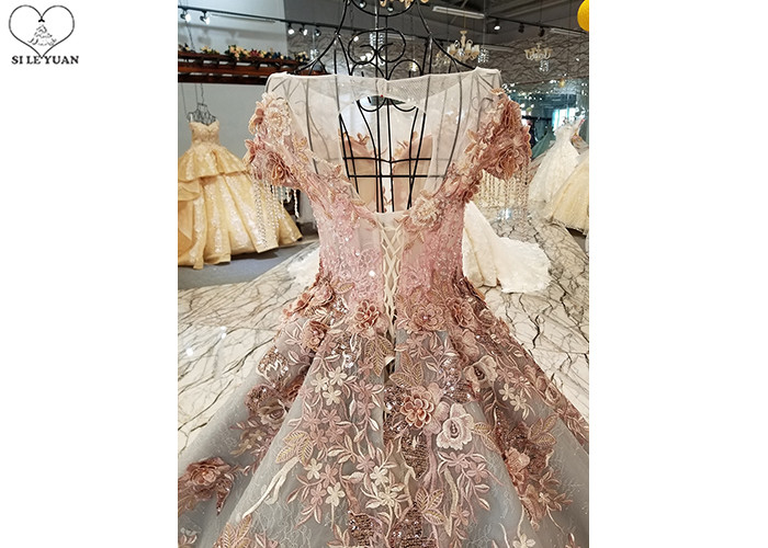Long Tailor Made Prom Dresses Short Sleeve Dresses Pink Flowers Grey Beading