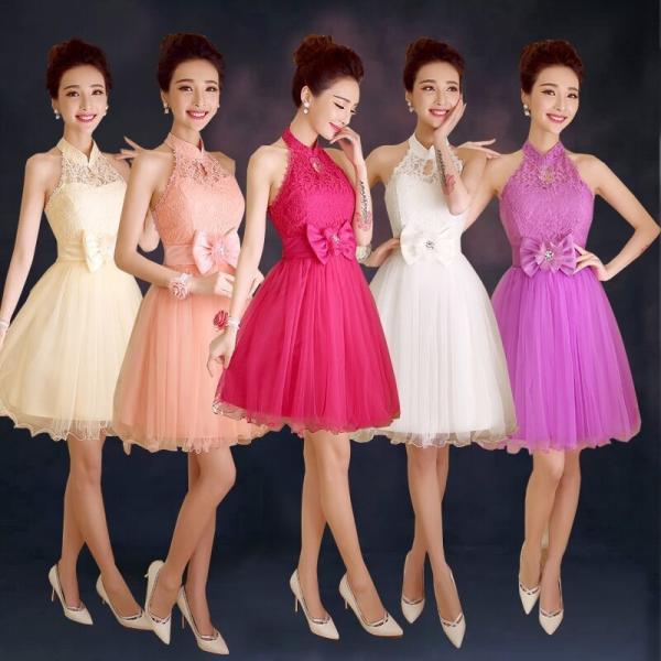 New Short Halter Champagne Purple Bridesmaid Dress Bride Strapless Lace Rose