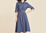 100% Cotton Belted Denim Dress Stripe Denim Button Through Long Skirt Indigo