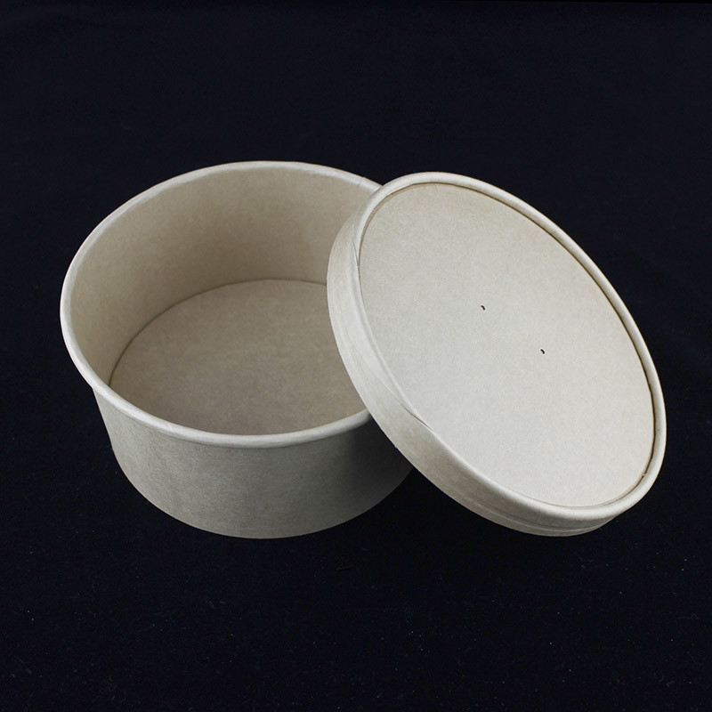 Single Wall Paper Salad Bowls With Lids Round Kraft Noodles Container 1300ml
