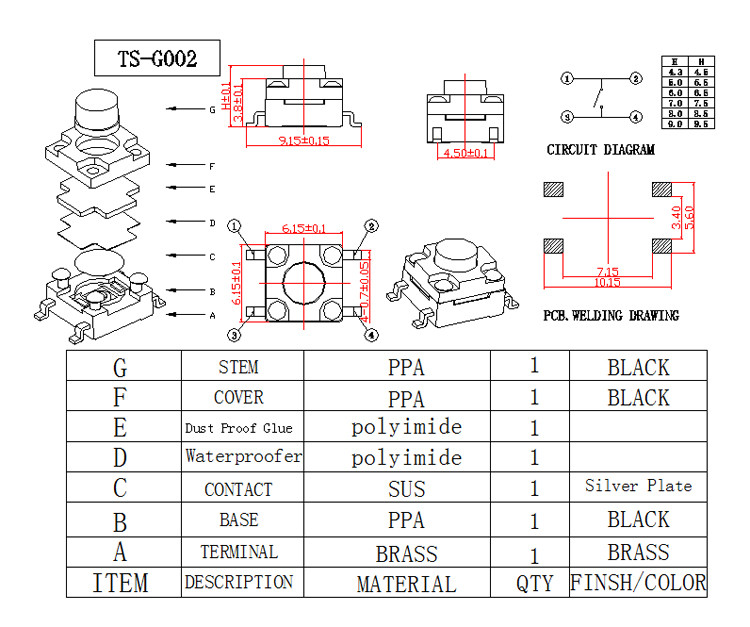 Vertical Press Waterproof Tactile Switch Stainless Steel Terminal Material