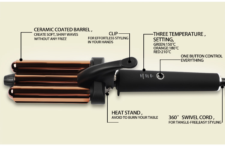 Home Use Three Barrel Titanium Big Wave Curler Automatic LED Hair Waver