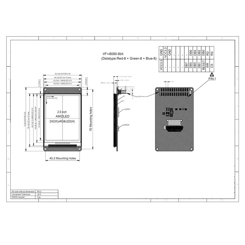 2.6 Inch AMOLED Oled Display 240X320 Resolution MCU/I8080 Interface 300c/D