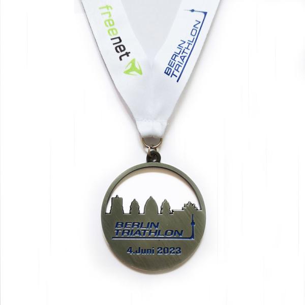 Buy cheap Custom Antique Silver Triathlon Medal Zinc Alloy Diecast With Heat Transfer Ribbon from wholesalers