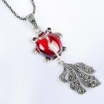 Sterling Silver Chain Vintage Marcasite Garnet Goldfish Pendant Necklace(N12036)