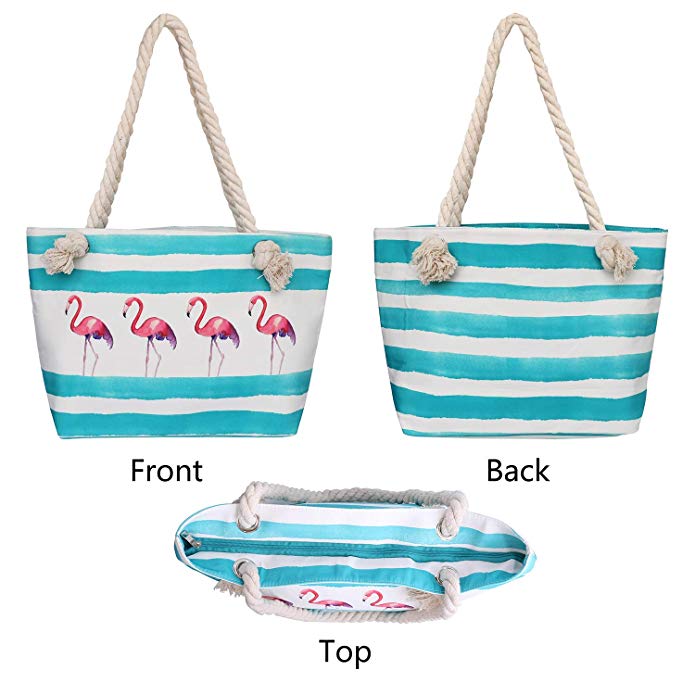 Summer Flamingo Big Zip Top Beach Tote Bulk Modern Hemp Rope Handle