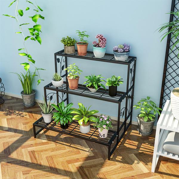 Buy cheap Iron Garden Plant Display Stand Shelves For Large Flower Pot Rack Display 3 Store Black from wholesalers
