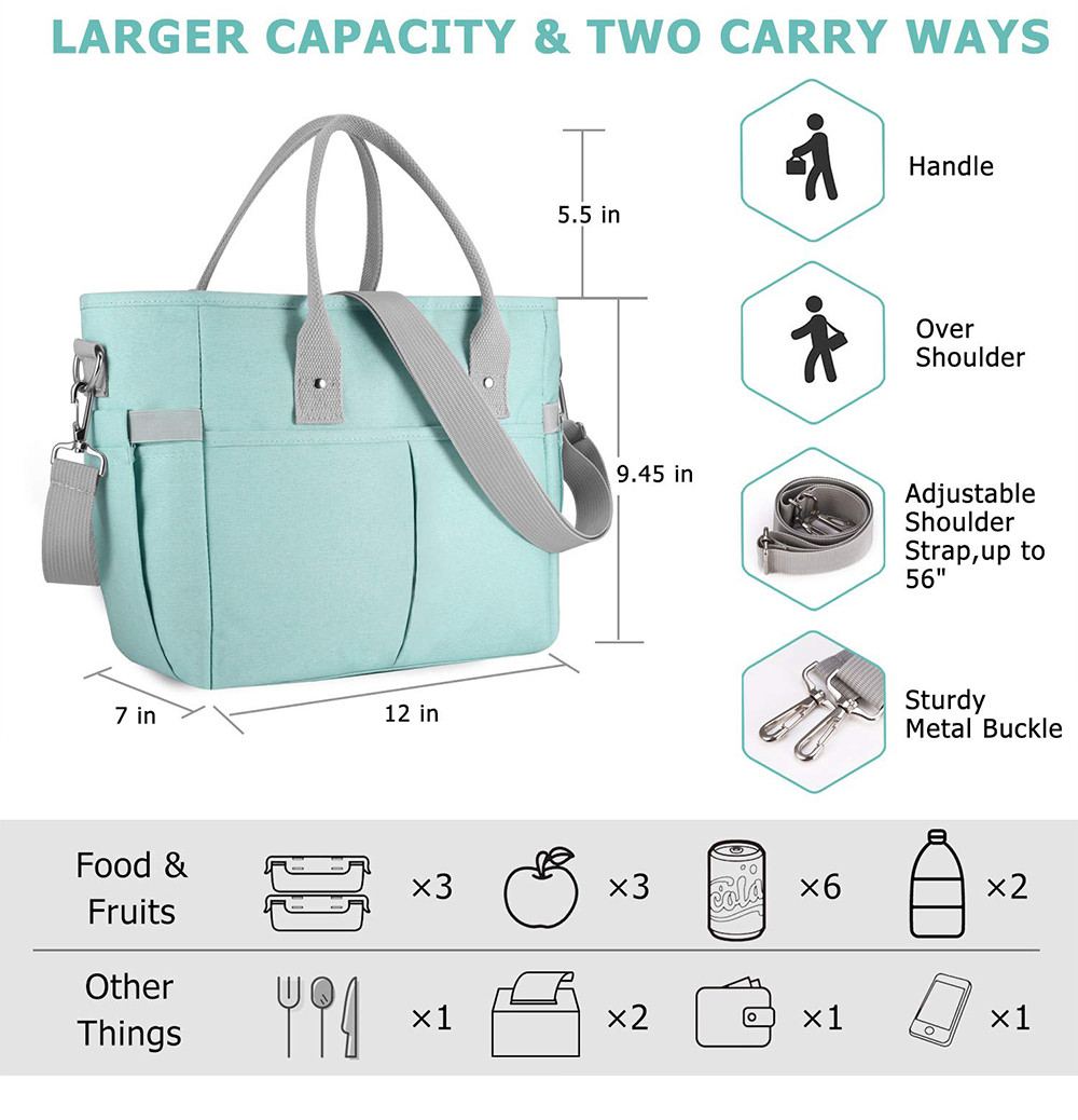 Large Tote Adult Lunch Box with Shoulder Strap, Side Pockets and Bottle Holder