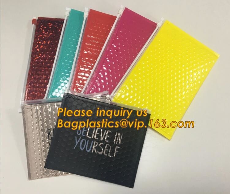 Factory Shiny Rose Gold Silver Cosmetic Zipper Bubble Bag Pink Bubble Bag With Slider, Padded Pink Zipper Lock PE Bag
