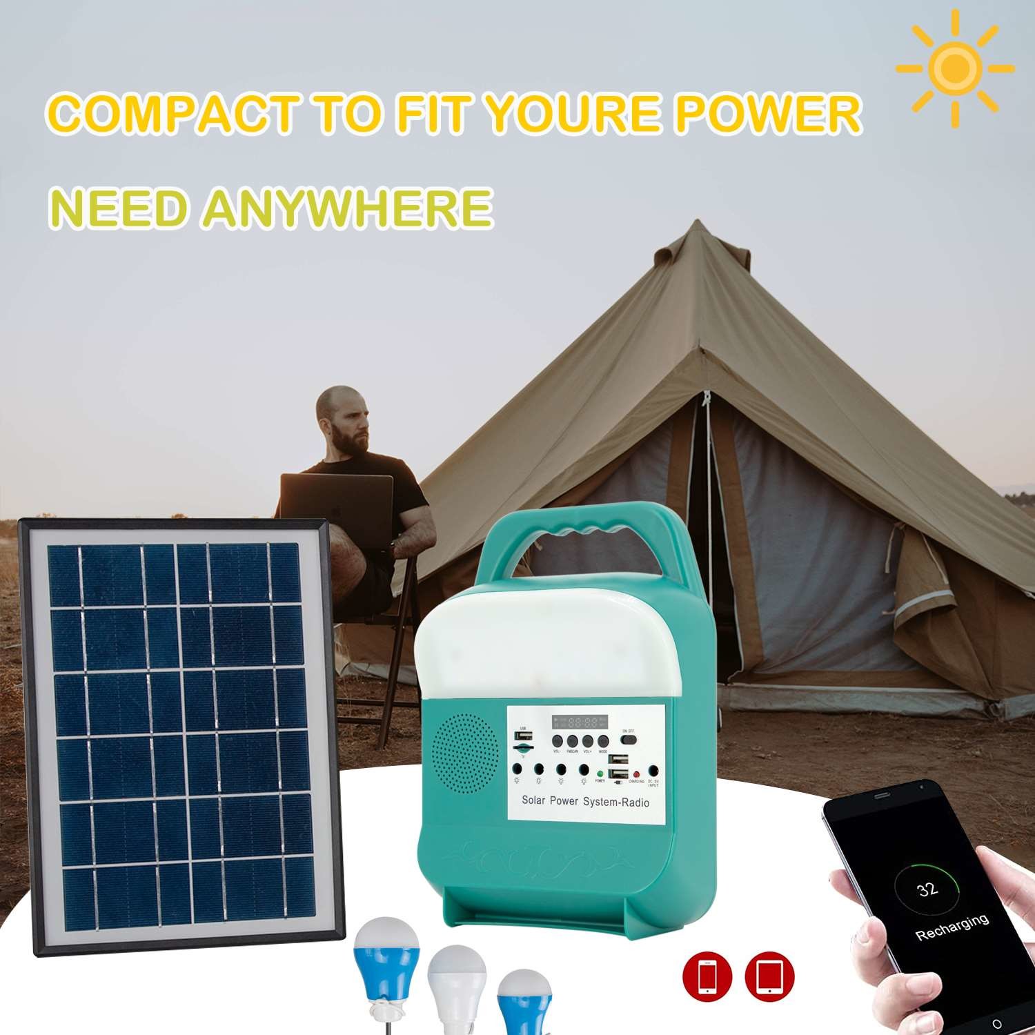 Rechargeable Portable Solar Led Emergency Bulbs Work Lights Charging Lamp 24SMD