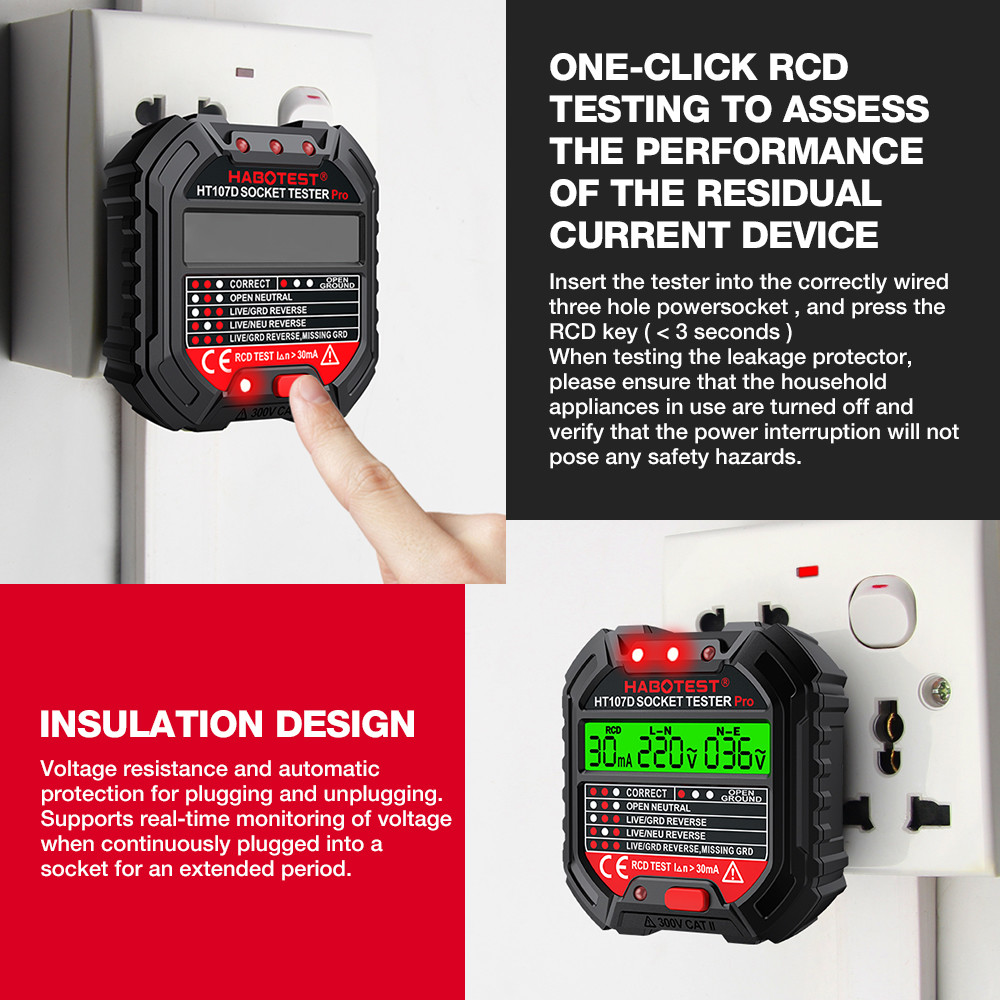 HT107 Socket Tester Pro Voltage Test RCD 5/30mA Socket Detector Ground Zero Line Plug Polarity Phase Check