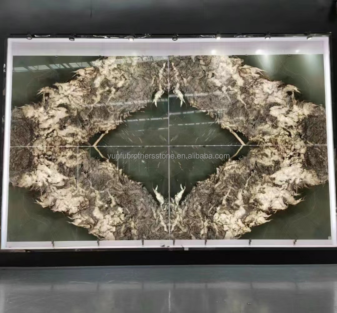Modern Hotel Dining Table with Polished Green Marble Surface and Custom Graphic Design
