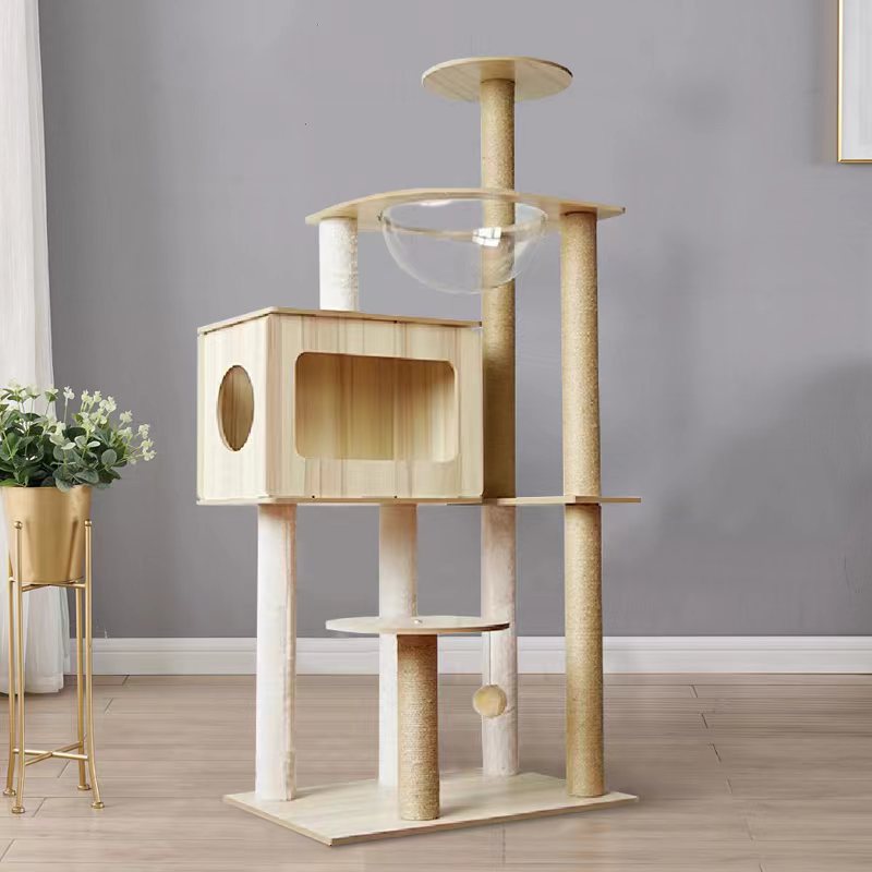Cat Active Play Toy Multi-Level Tall House Cat Activity Tree with Sisal Scratching Posts Wood Activity Cat Playhouse