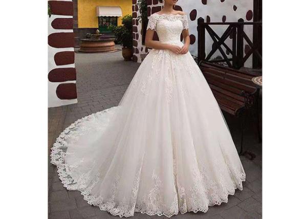 Buy cheap Zipper Back Long Tail Wedding Gowns Off White Color Off Shoulder Short Sleeve Lace from wholesalers