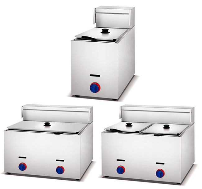 5.2kw Stainless Steel Cooking Equipment Double Basket Gas Deep Fryer 1 Tank Snack Machine