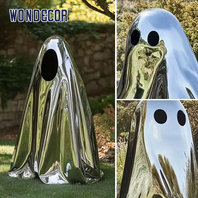 Customized polished stainless steel ghost statue for modern outdoor landscape