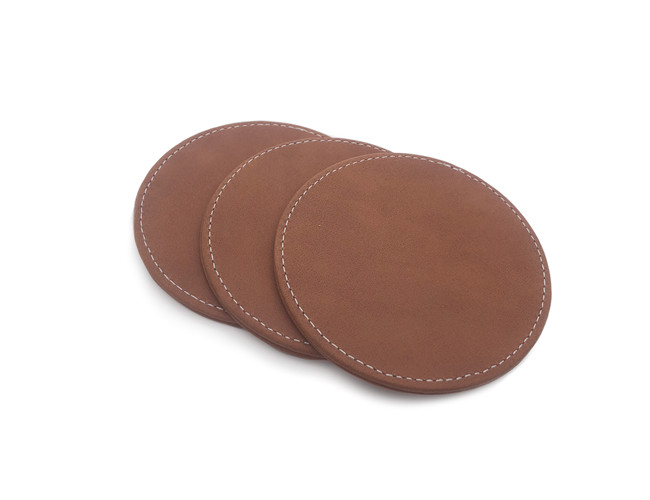 Brown Drink Coasters Set PU Leather Round Glass Coasters Debossed Logo