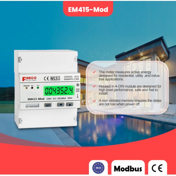 Single Phase RS485 Kilowatt Hour Meter EM415-Mod 230V 10 100 A MID Approved Power Meter
