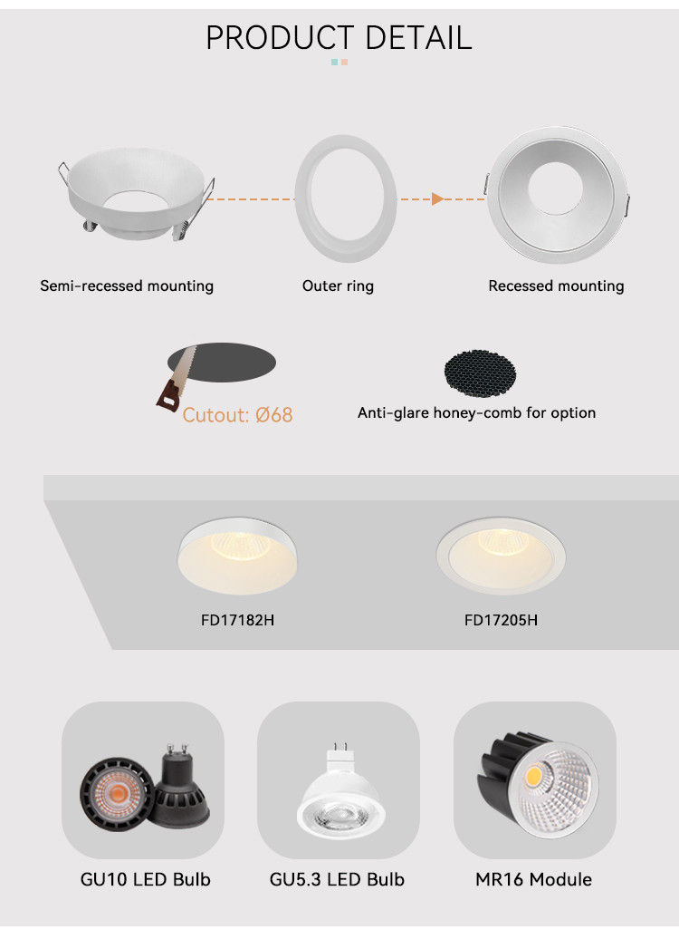 Fixed Downlight Frame Anti Glare IP20 Mr16 Recessed Lighting Housing