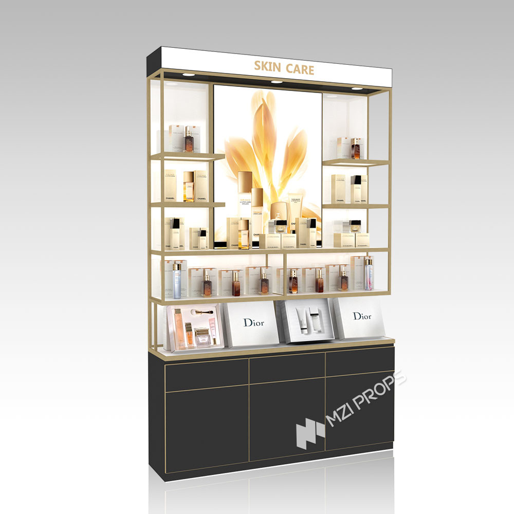 DYaS-VK-2-1 Skincare Display Cabinet with White LED Strips and Gold Edge Trimming