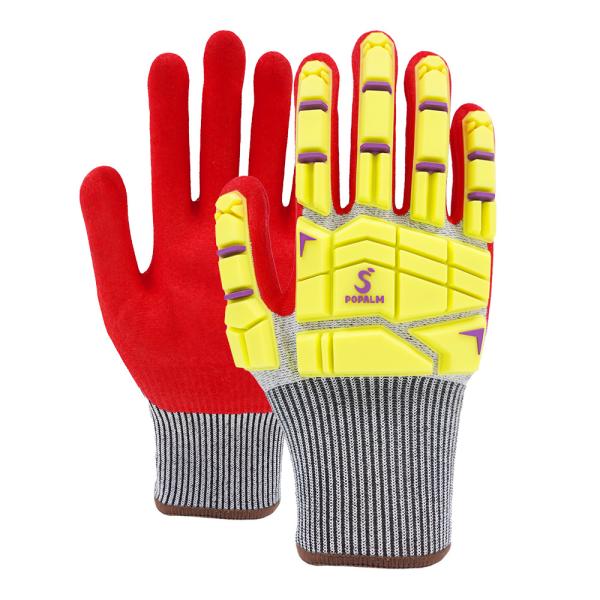 13 Gauge Red Sandy Nitrile Polyester TPR Gloves with Anti Slip Impact Protection