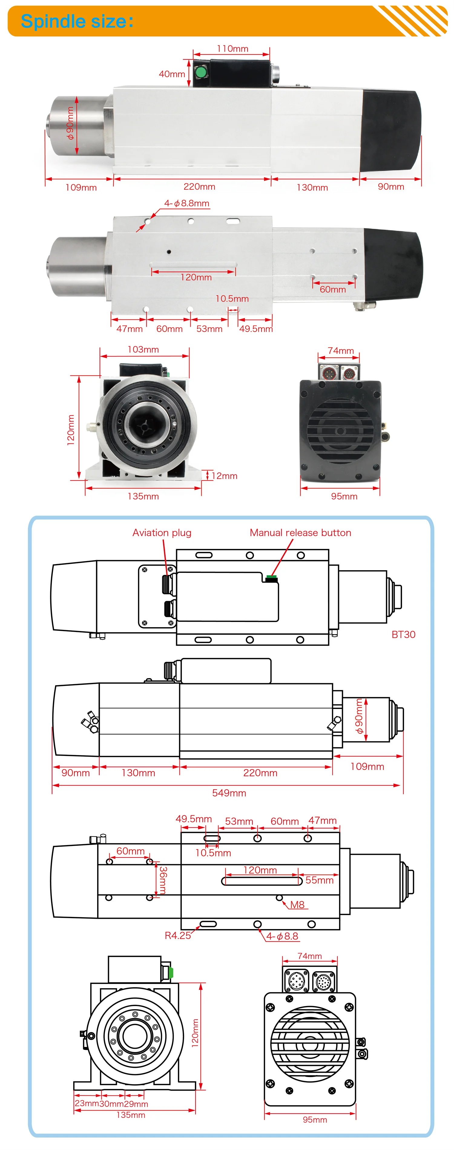ATC BT30 Spindle Motor 800Hz 380V 7.5KW For CNC Engraving Machine